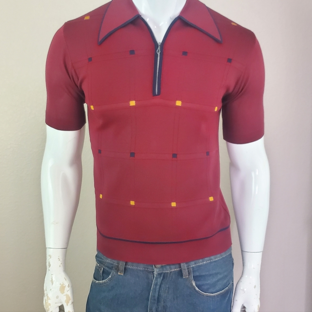 Vintage 1960s 70s Textured Shirt Woven Red Italy Polo Leonardo Strassi Mens Sz S